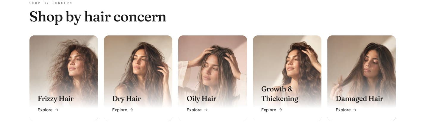 The emorra.com.au shop by hair concern section, with five concerns as entry points.