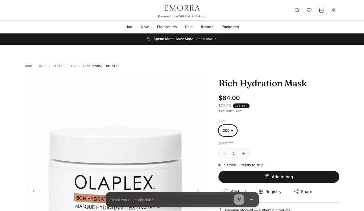 An emorra.com.au product page showing the price, stock status and add to bag.